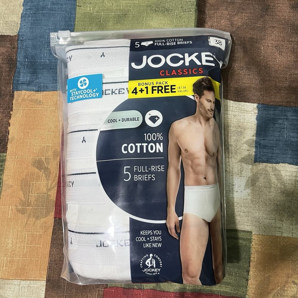 NWT Jockey Classics Mens White 100% Cotton Full-Rise Briefs 5-Pack Size 38